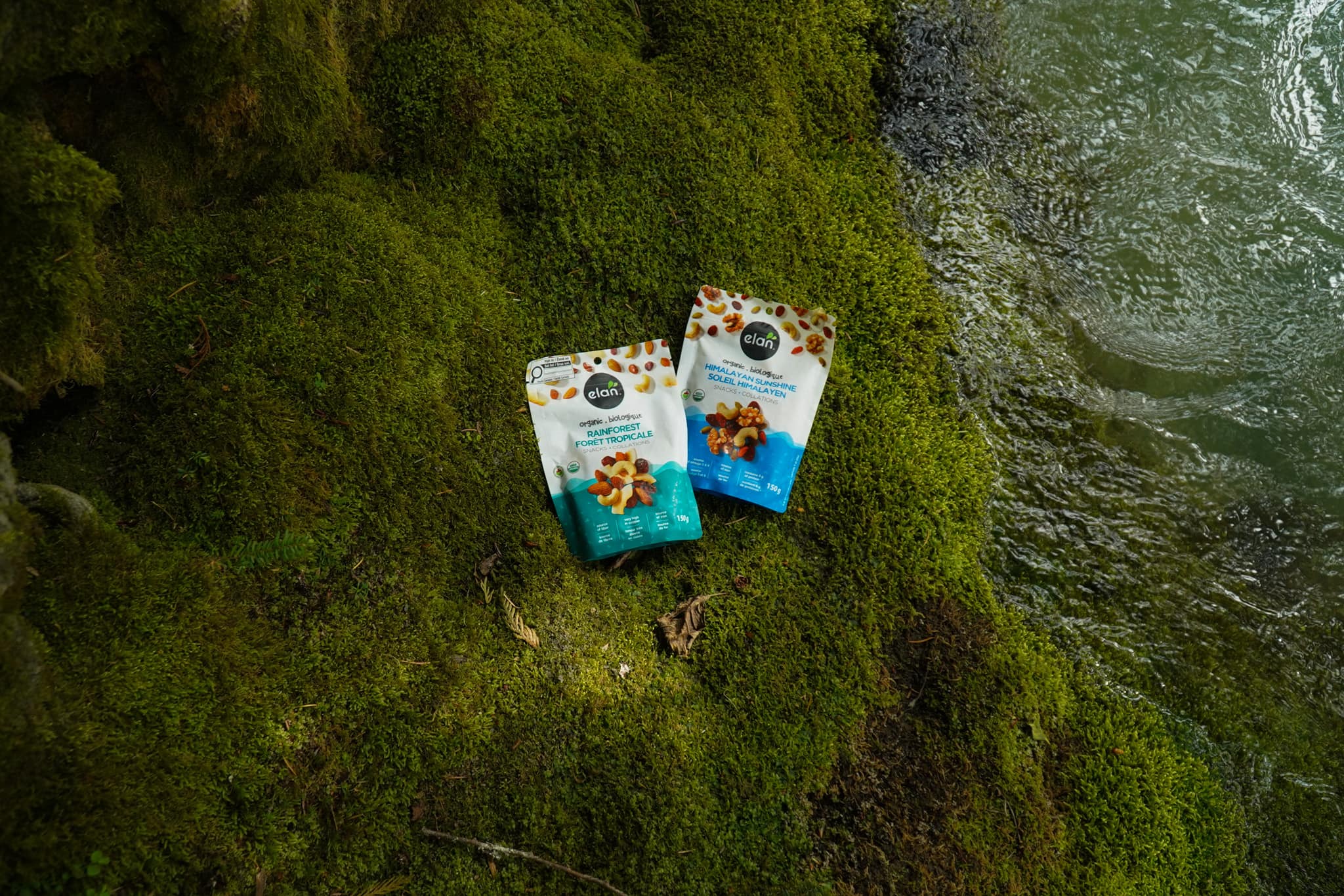Élan Rainforest and Himalayan Sunshine pouches on thick moss beside a river