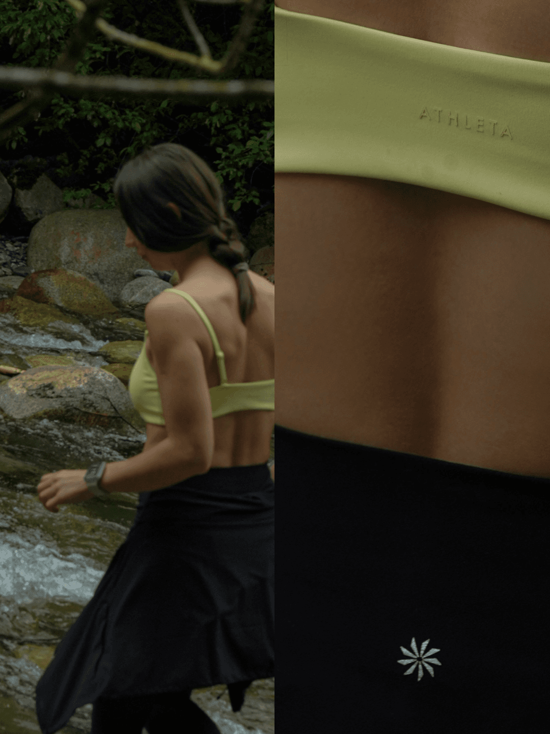Athleta brand detail — logo close-up and river walk